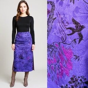 ZARA Purple Artsy Birds Satin High Slit Art to Wear Midi Skirt Size Small New